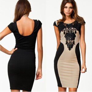 Jade & Juliet Black & Tan Lace Bodycon Midi Dress Size Medium